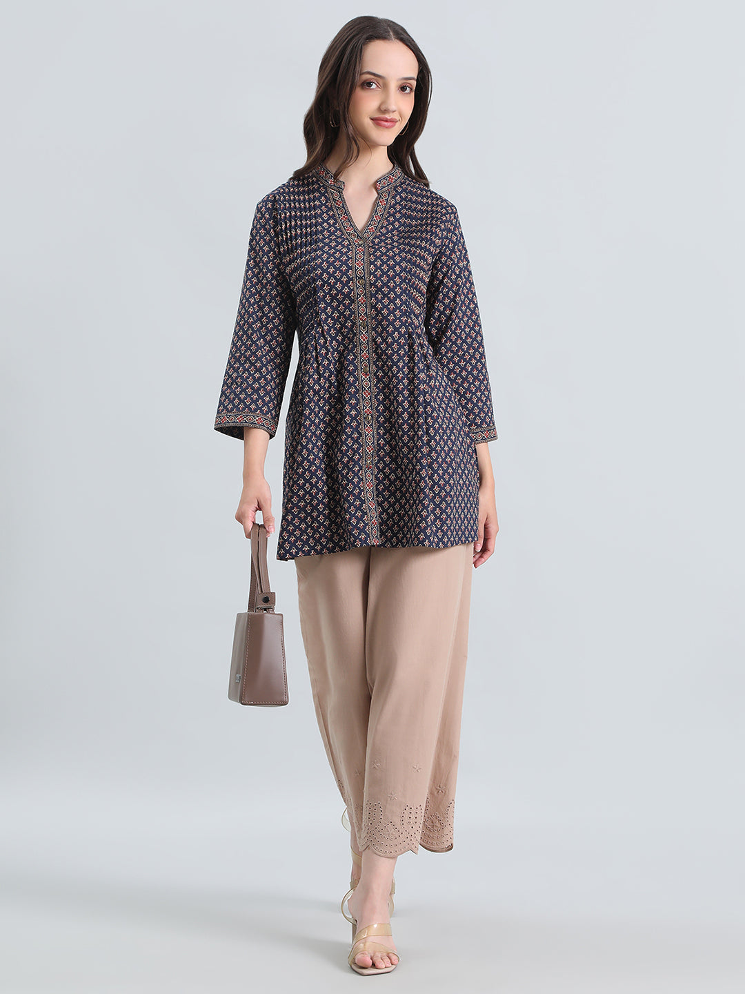 Cotton Ajrakh Buti Print Pintuck Short Kurti
