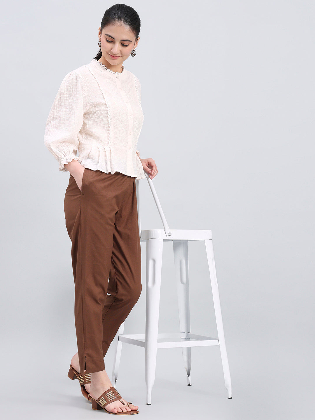 Brown Cotton Pencil Pant