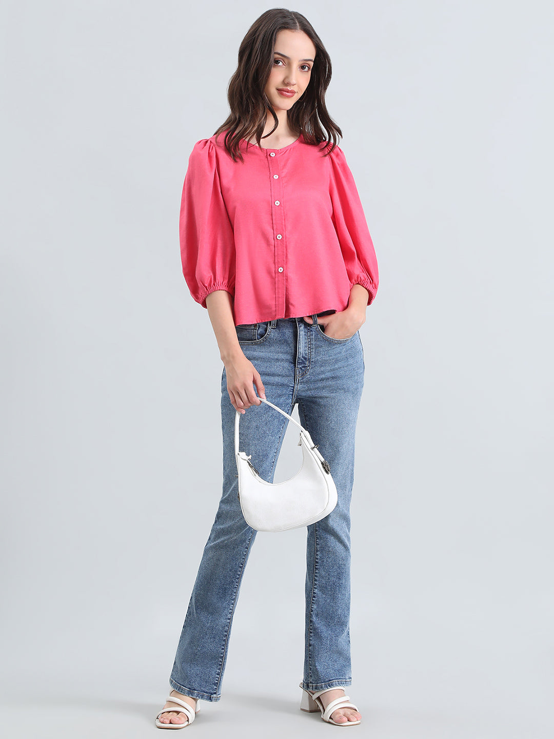 Linen Puff Sleeve Crew Neck Shirt