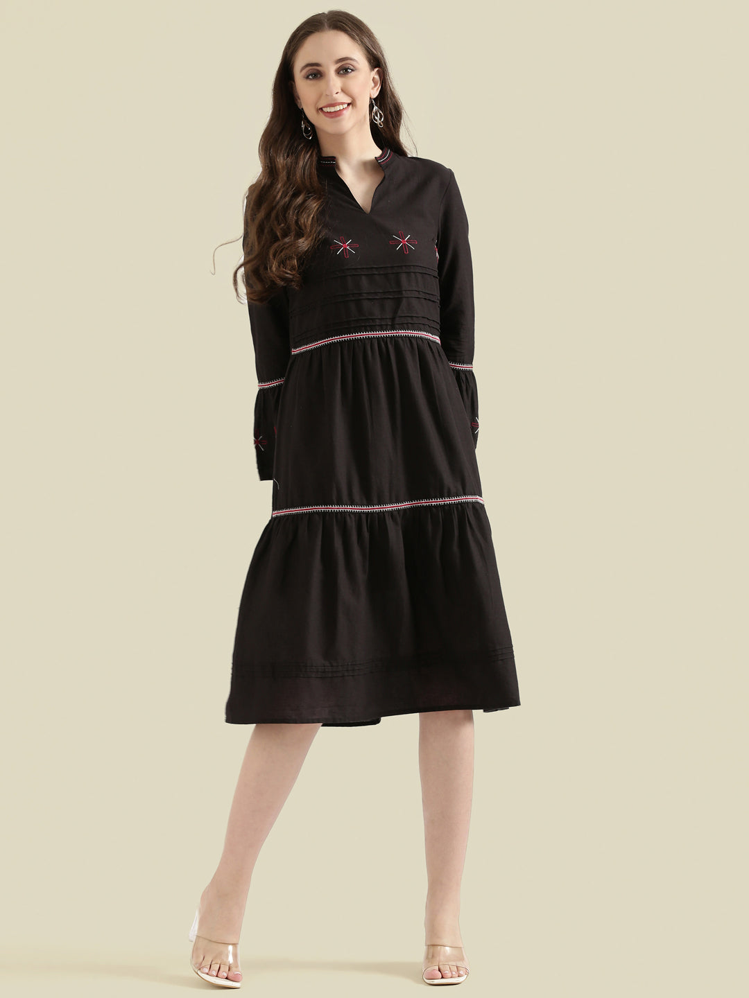 knee length dresses for ladies White Cotton Handmade Embroidery V Neck Medium Flare Made in India Mid –  thejaipurart.com main image 1