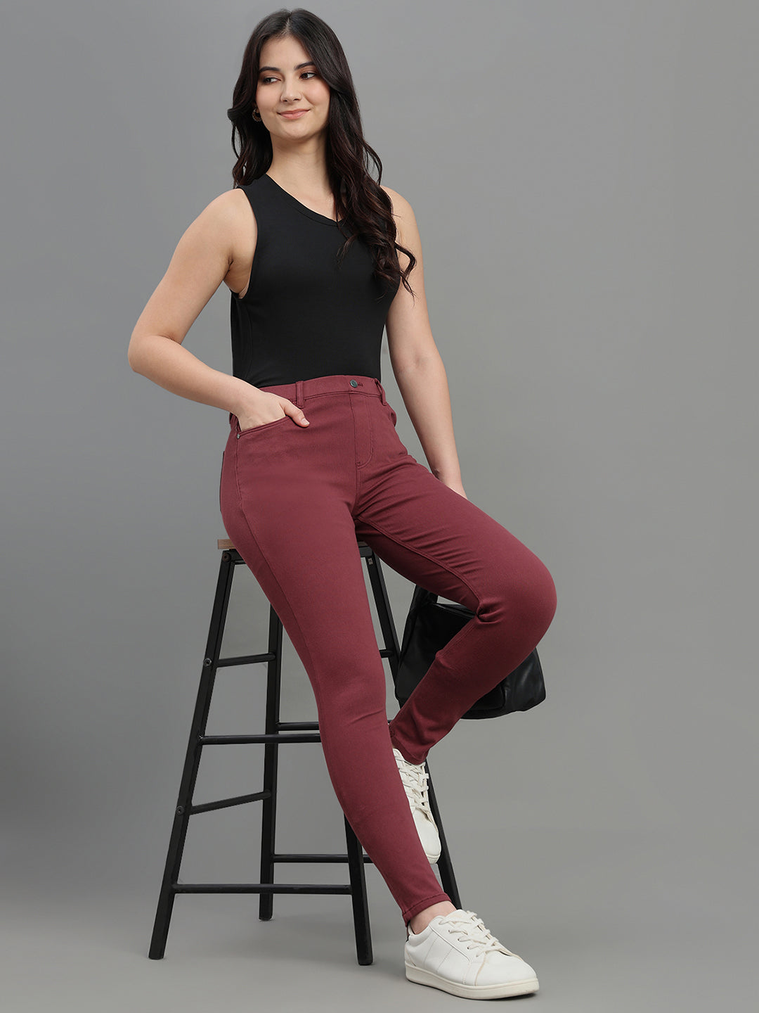 Light Maroon Cotton Polyester Super Stretch Jeggings