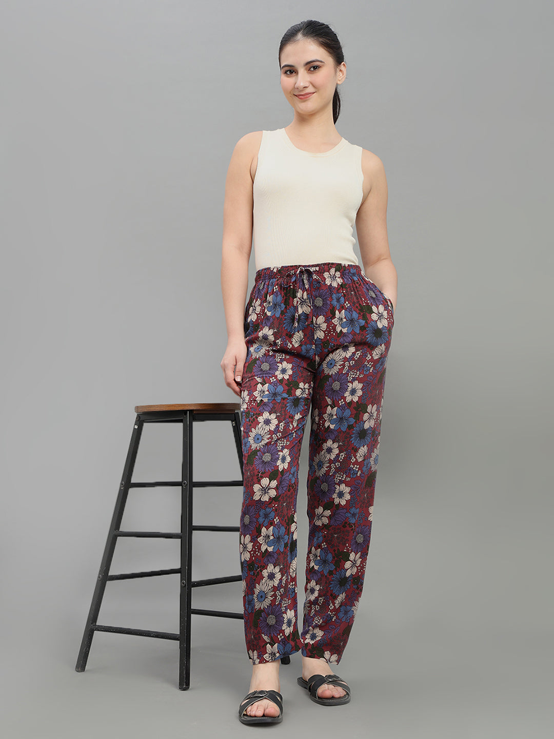 Maroon Woven Viscose Printed Lounge Pants