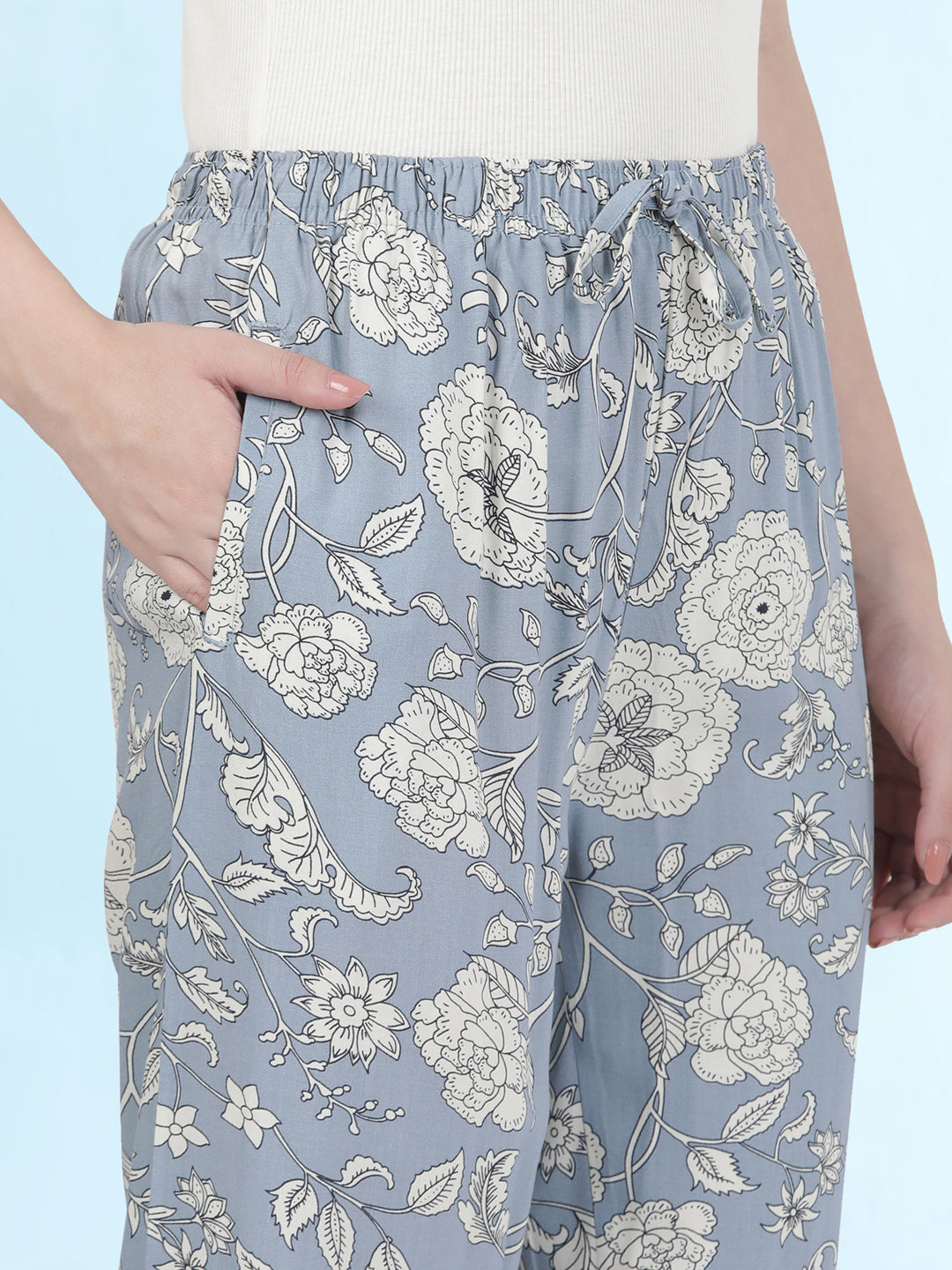 Blue Woven Viscose Printed Lounge Pants