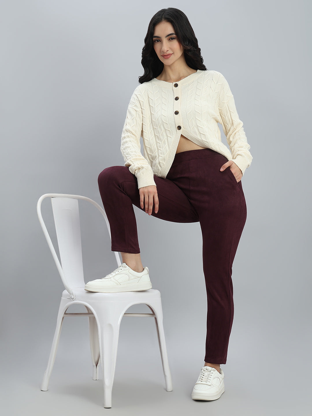 Wine Poly Stretch Suede Tregging