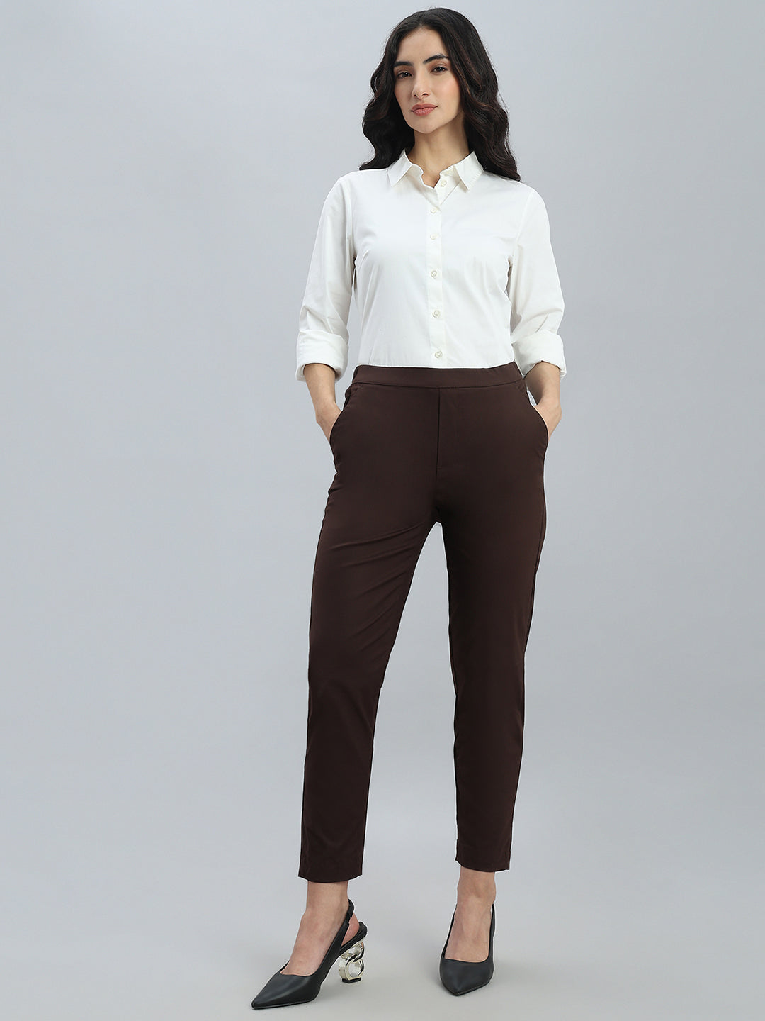 Dark Brown Woven Cotton Stretch Chino Pants