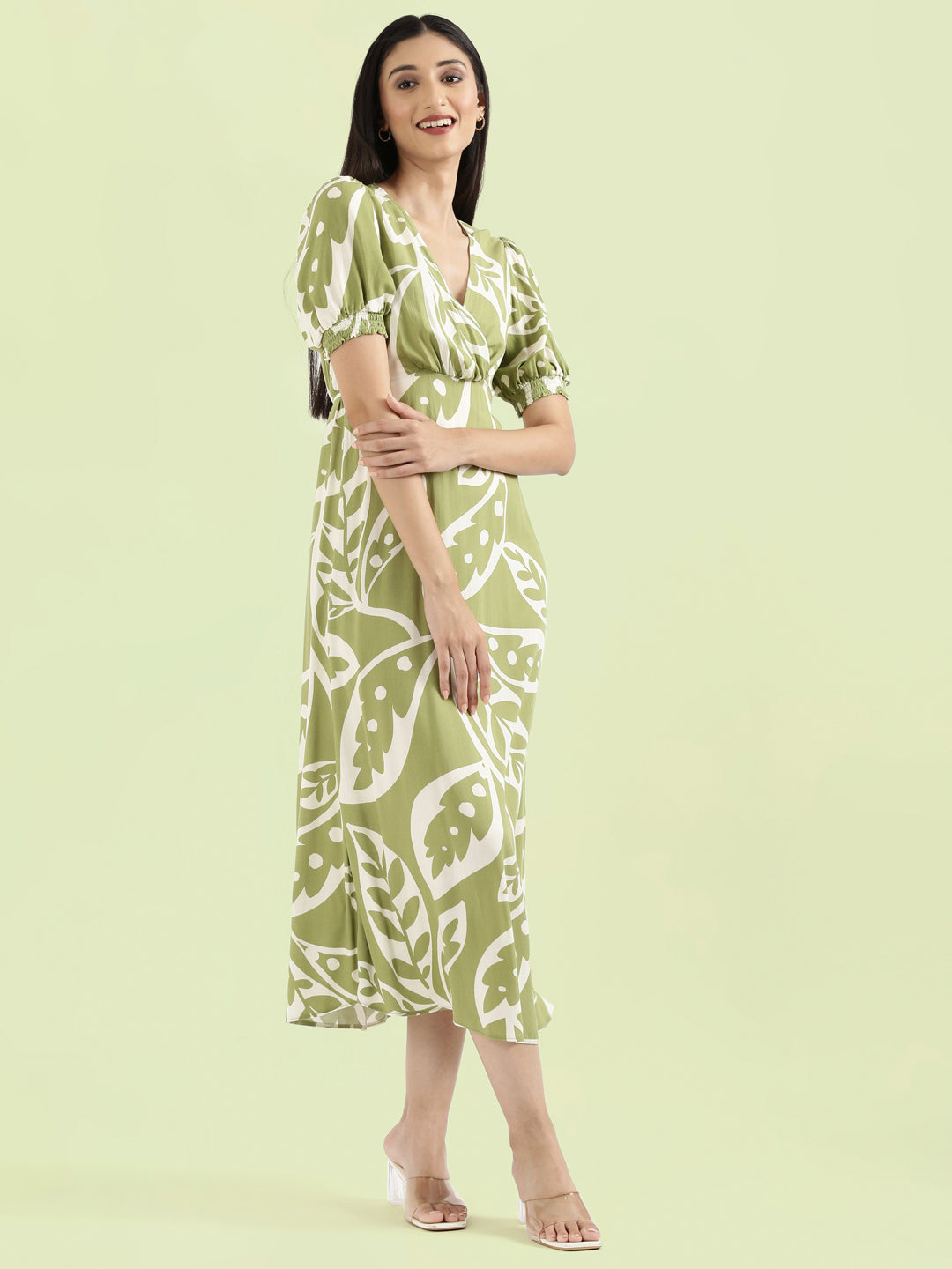 Viscose V-Neck Printed Fit & Flare Dress