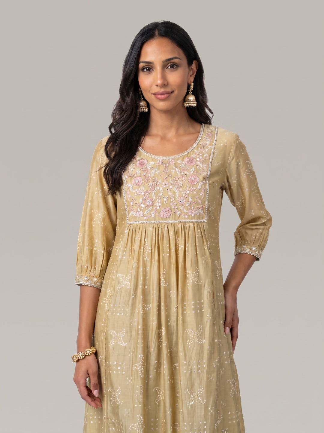 Yellow Viscose Floral Embriodery A-Line Kurta