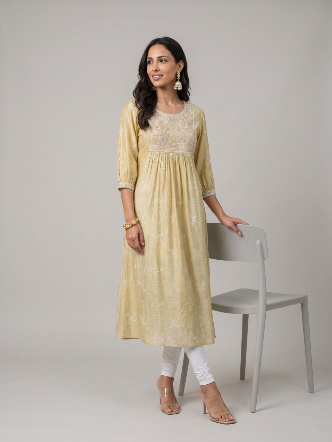 Yellow Viscose Floral Embriodery A-Line Kurta