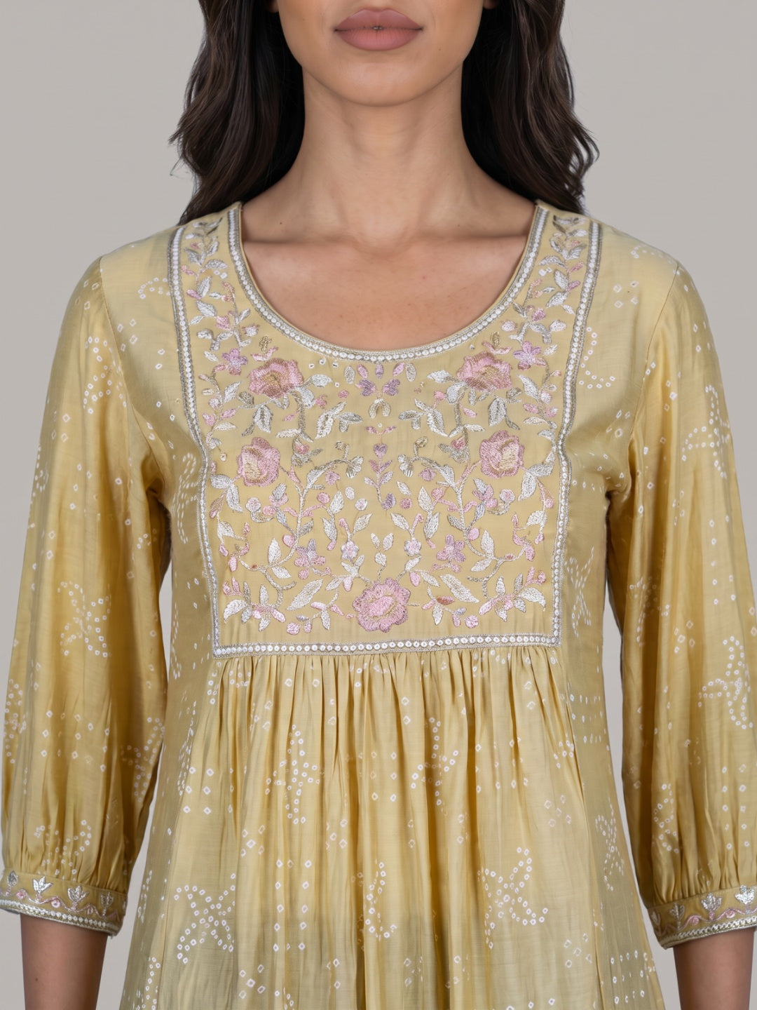 Yellow Viscose Floral Embriodery A-Line Kurta