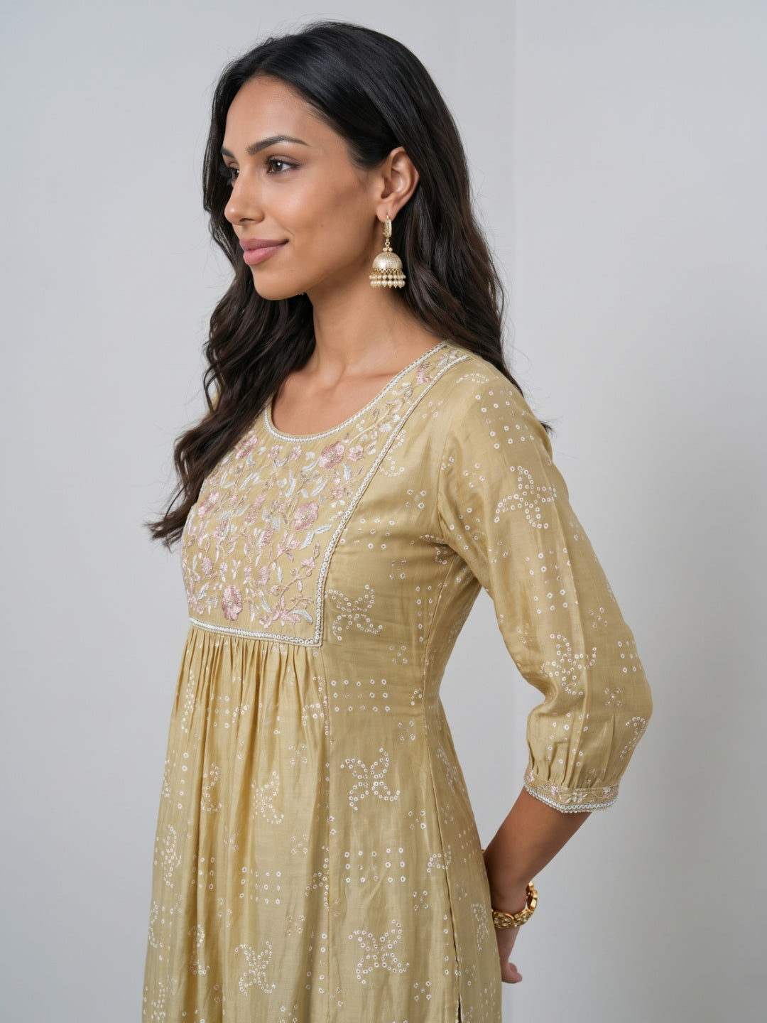 Yellow Viscose Floral Embriodery A-Line Kurta