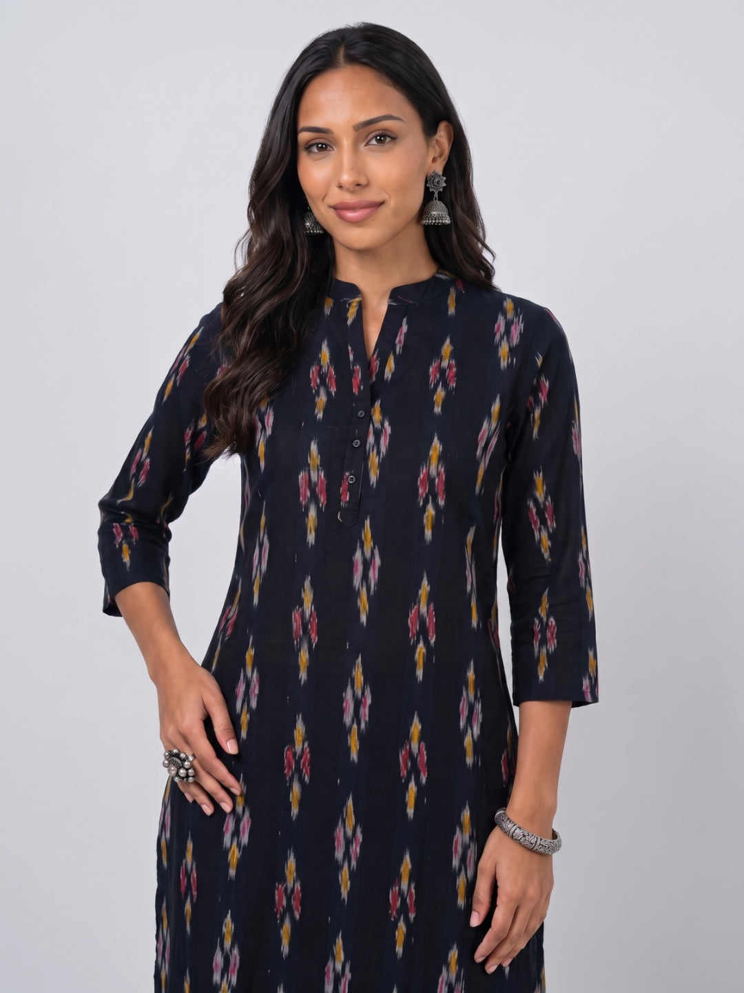 Black Cotton Ikat Print Straight Kurta