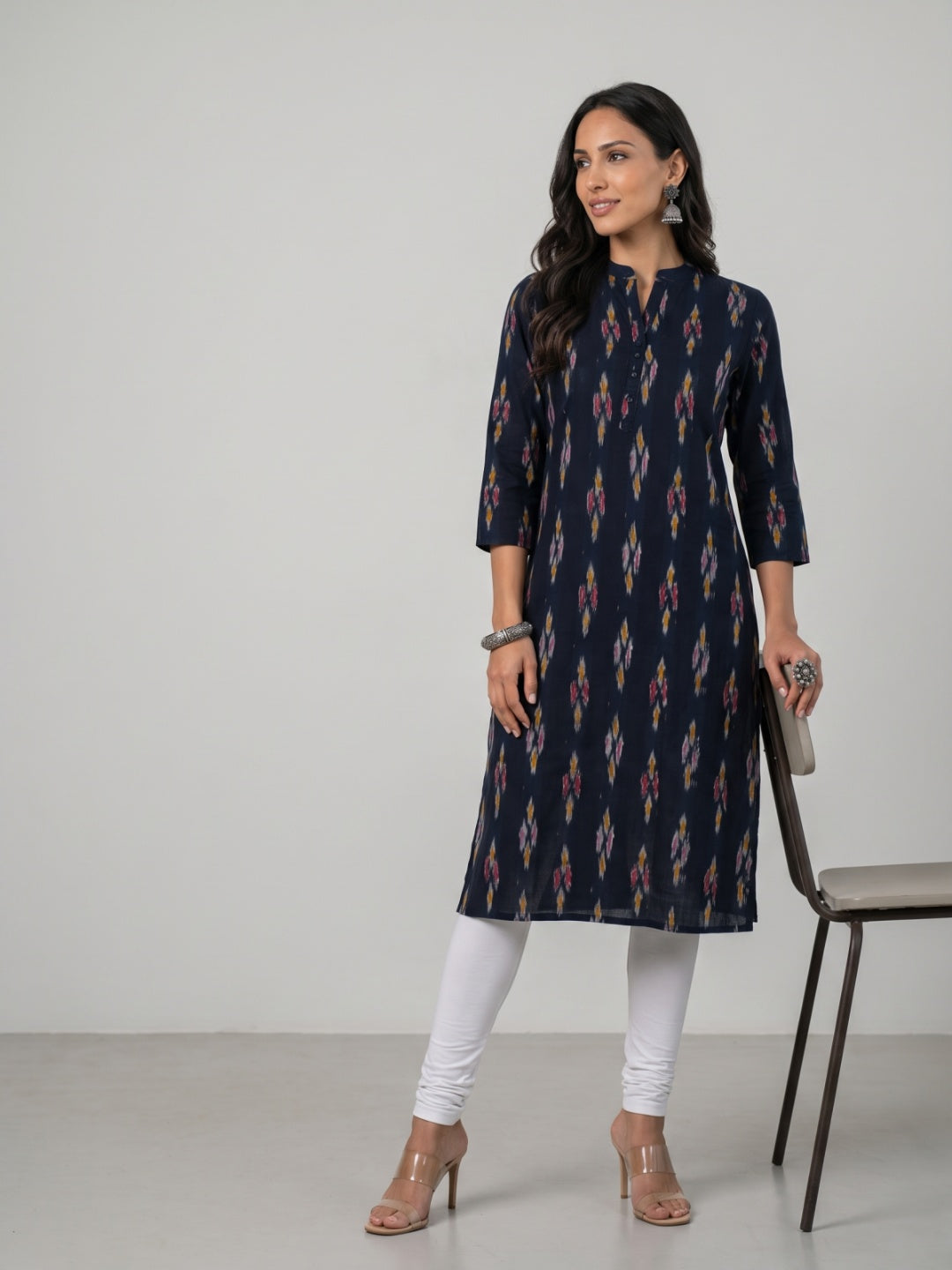 Black Cotton Ikat Print Straight Kurta