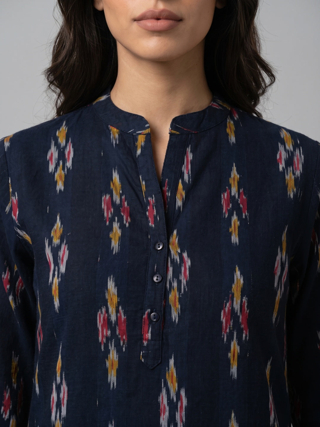 Black Cotton Ikat Print Straight Kurta