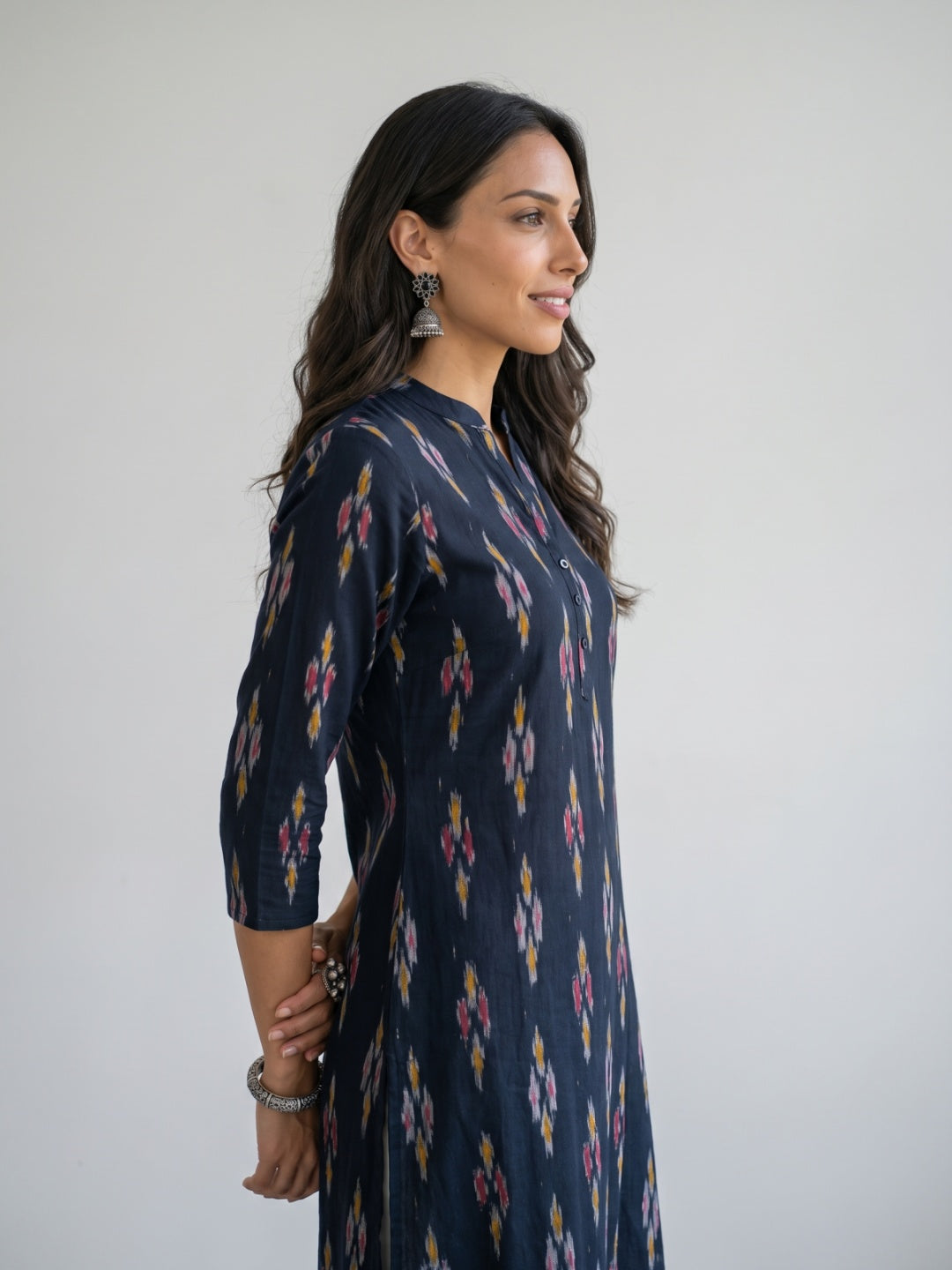 Black Cotton Ikat Print Straight Kurta