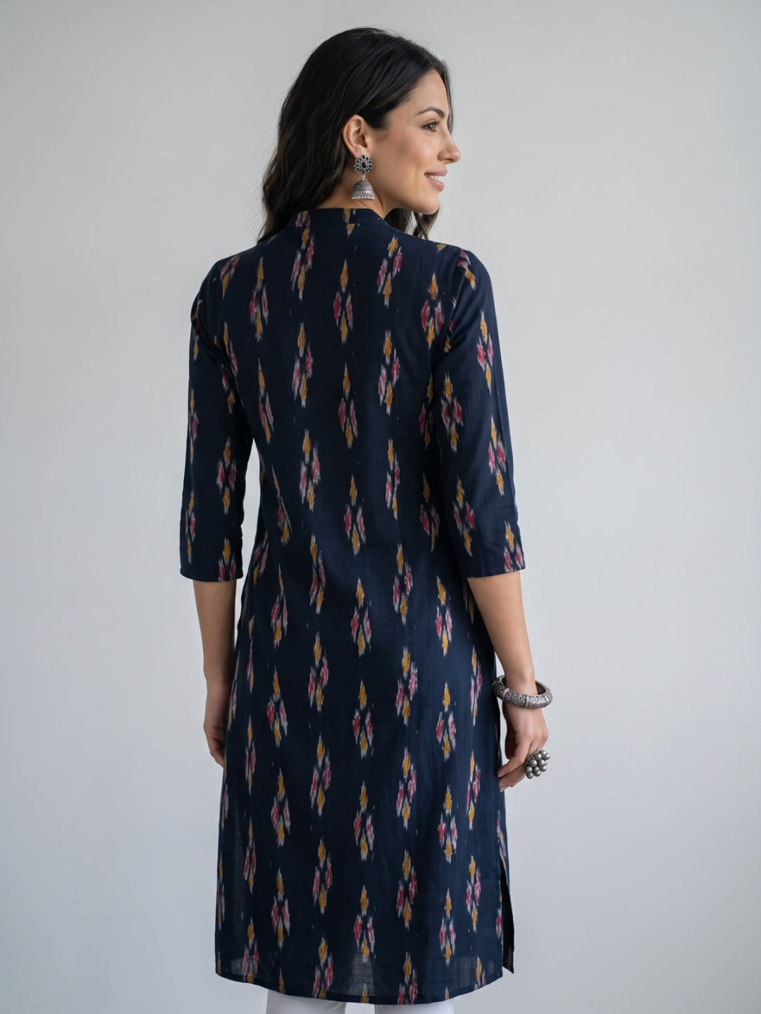 Black Cotton Ikat Print Straight Kurta