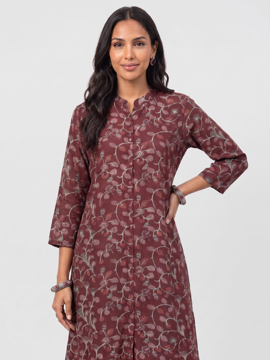 Pink Viscose Floral Print A-Line Kurta