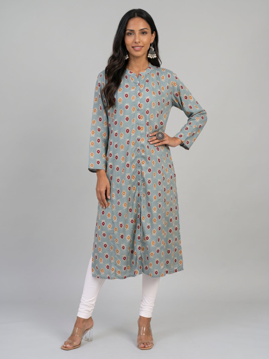 Green Viscose Floral Print A-Line Kurta