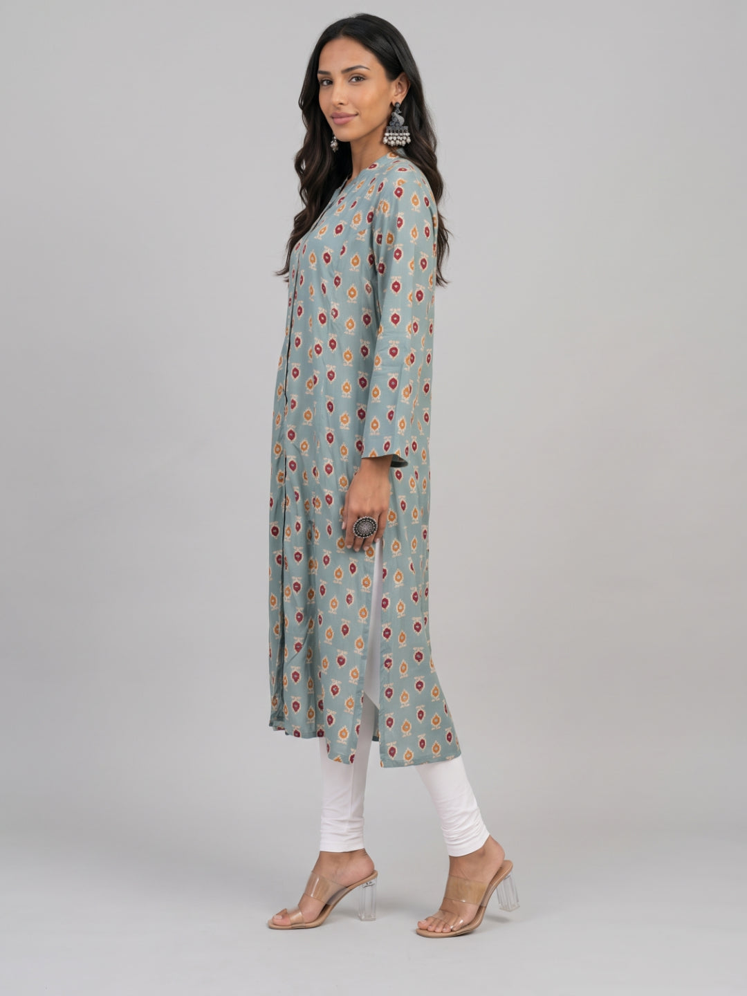 Green Viscose Floral Print A-Line Kurta