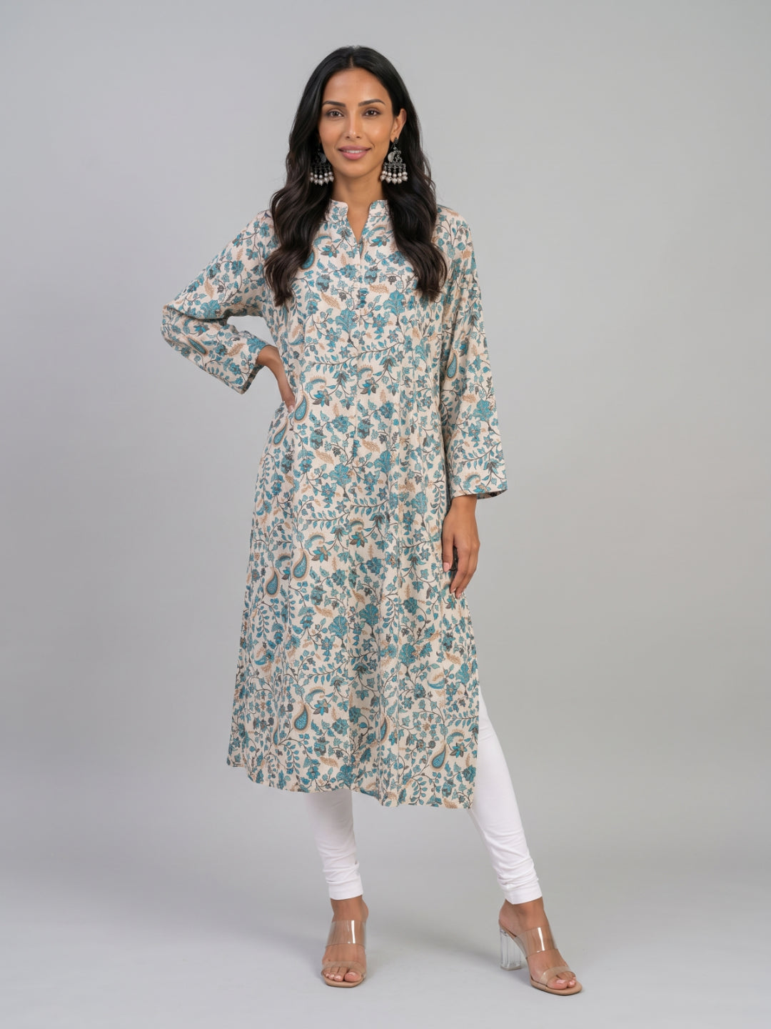 White Viscose Floral Print A-Line Kurta