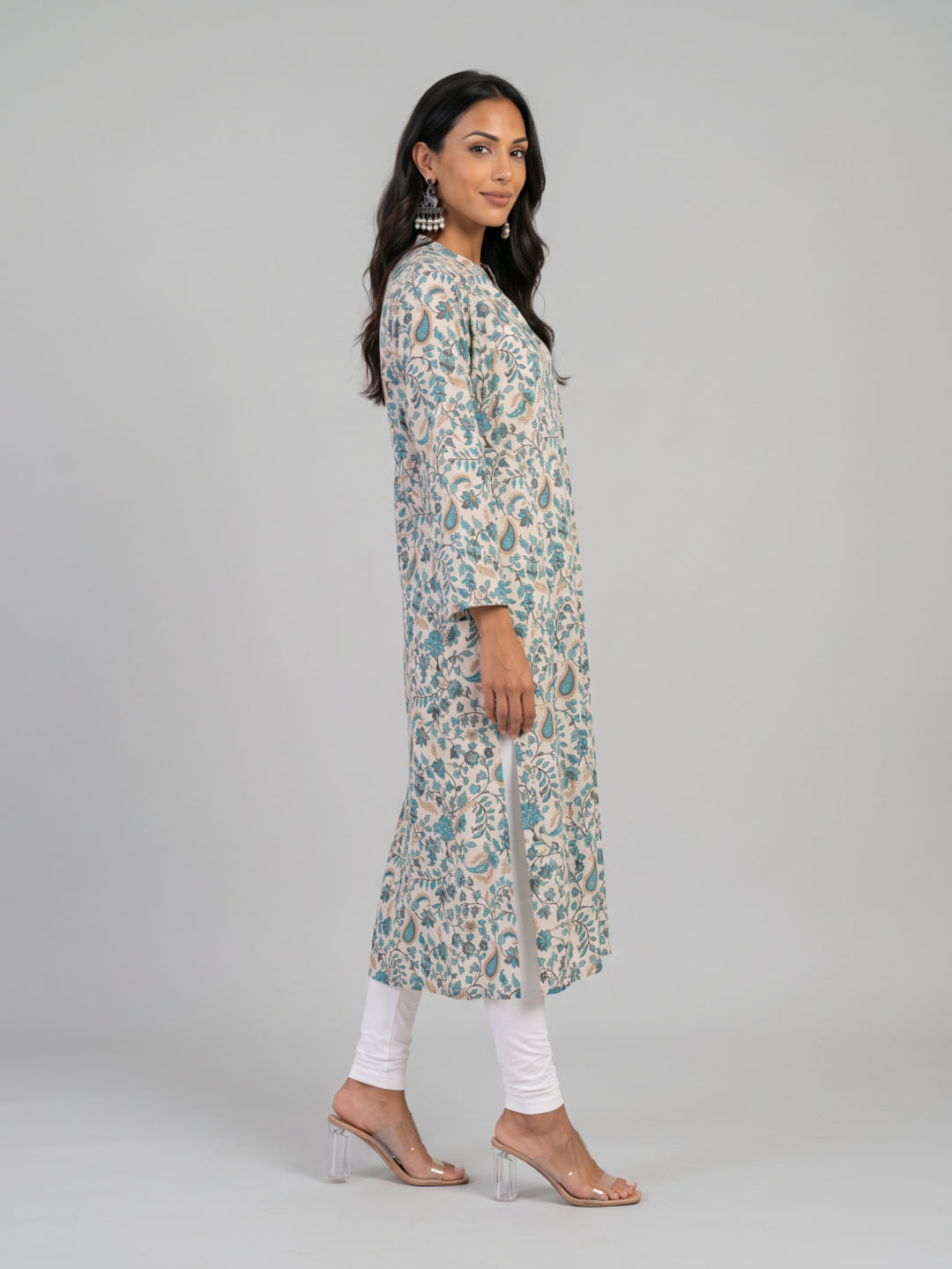 White Viscose Floral Print A-Line Kurta