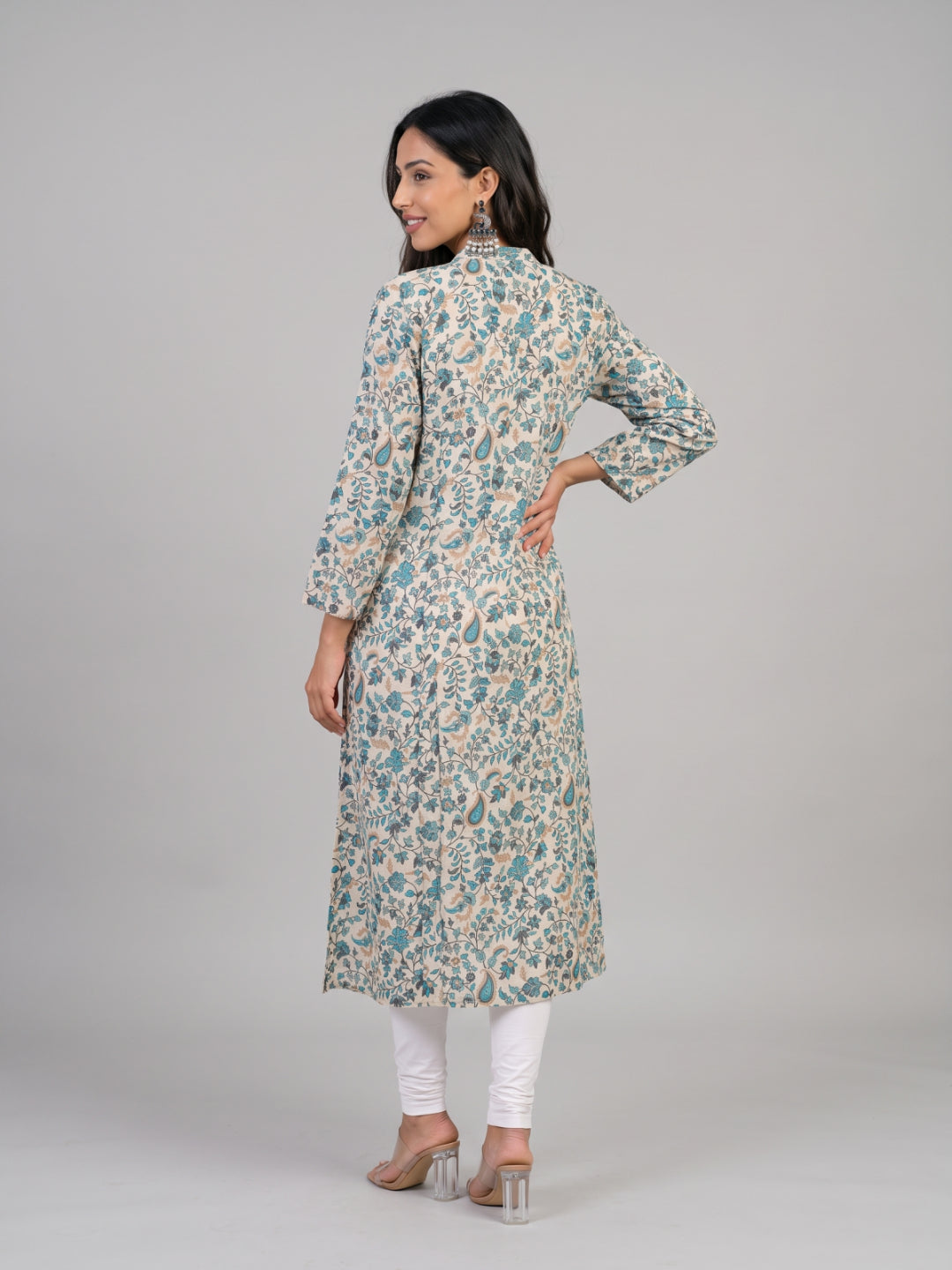 White Viscose Floral Print A-Line Kurta