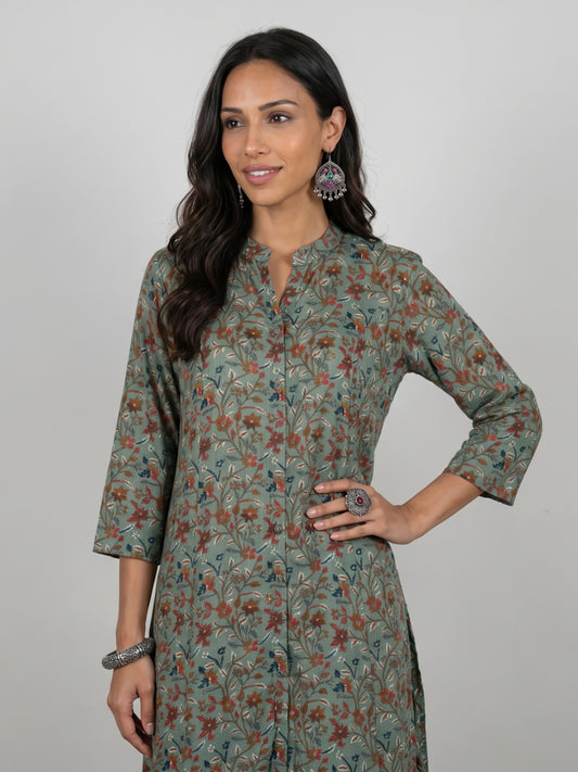 Viscose Botanical Floral Print A-Line Kurta