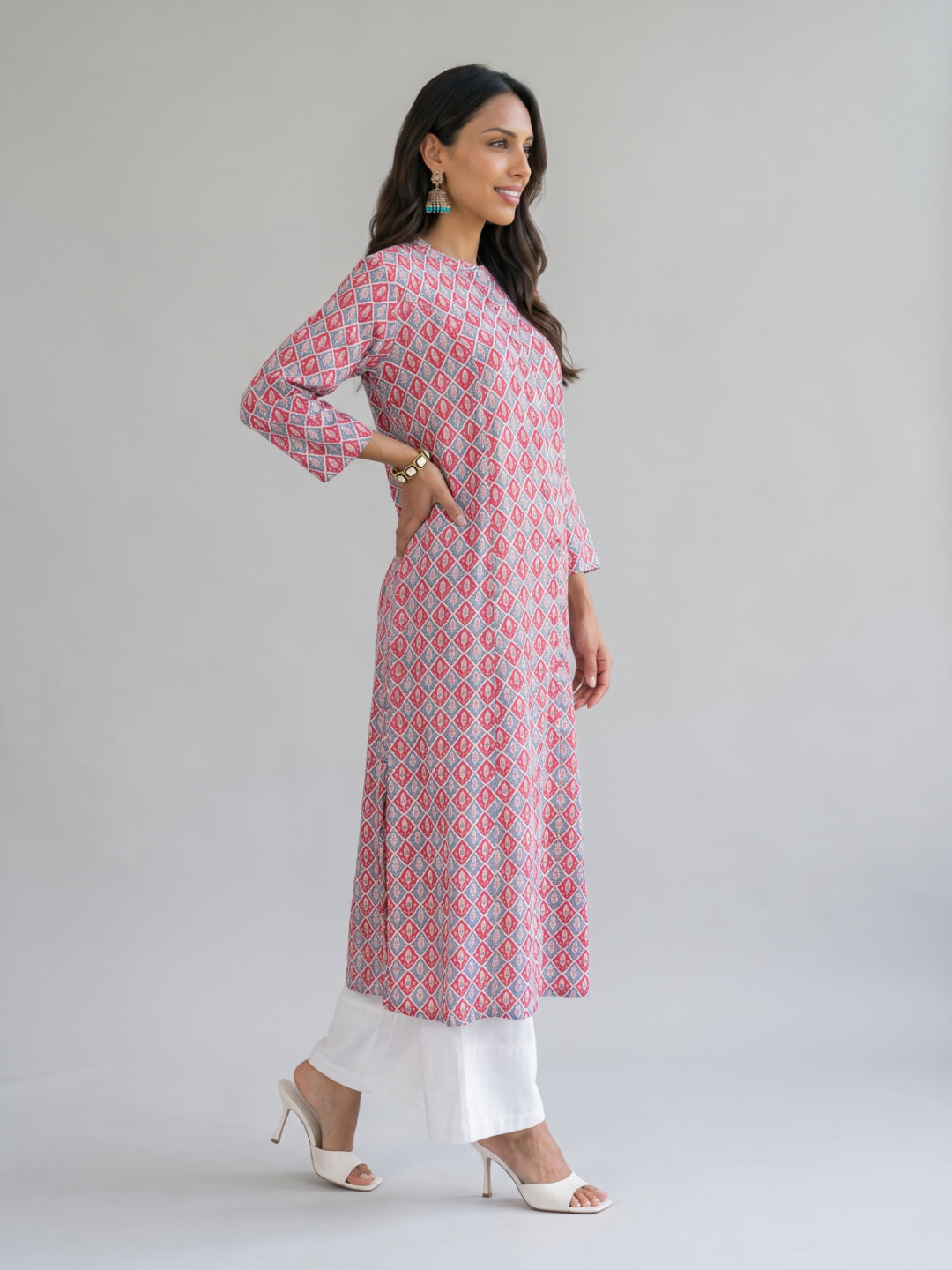 Blue Viscose Floral Print A-Line Kurta