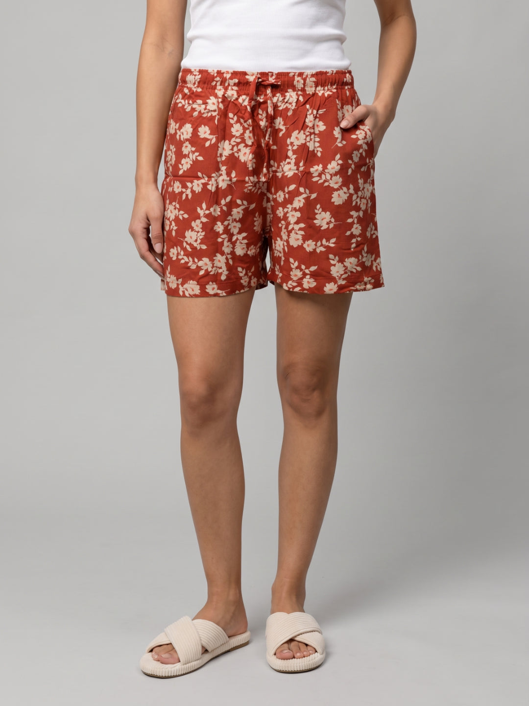 Maroon Woven Viscose Printed Lounge Shorts