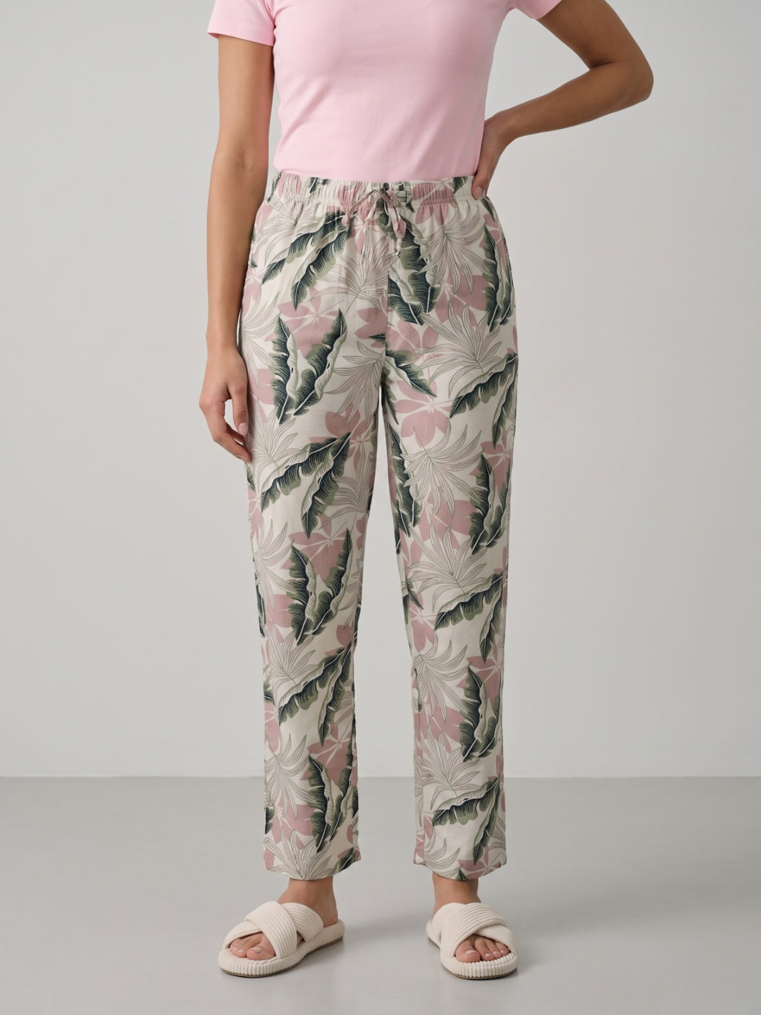 White Woven Viscose Printed Lounge Pants