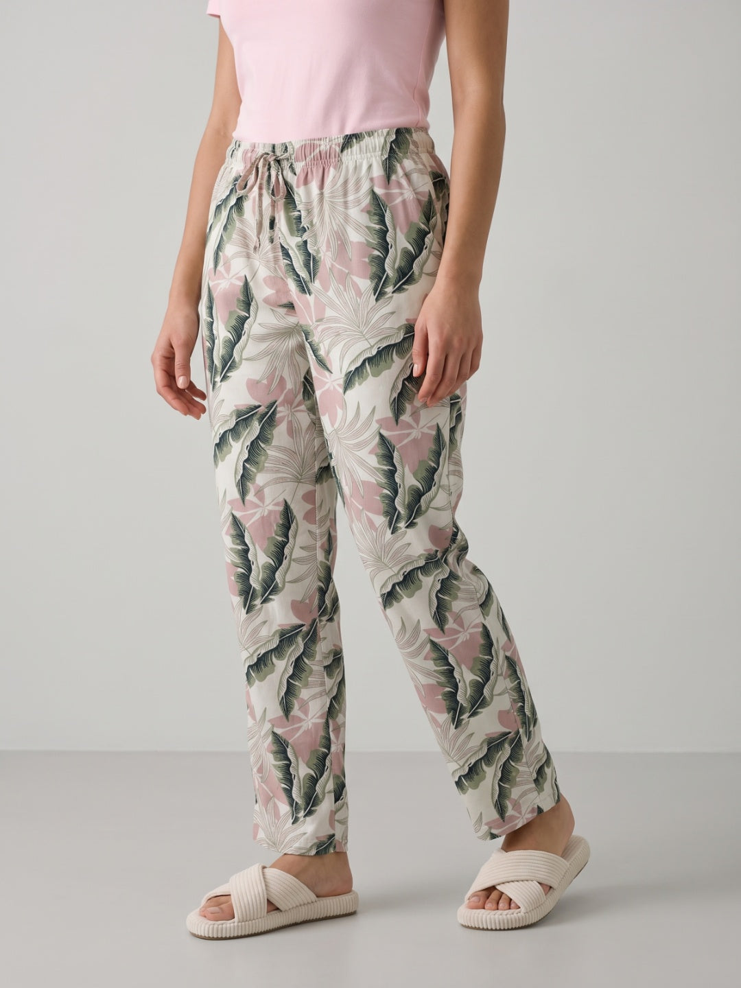 White Woven Viscose Printed Lounge Pants