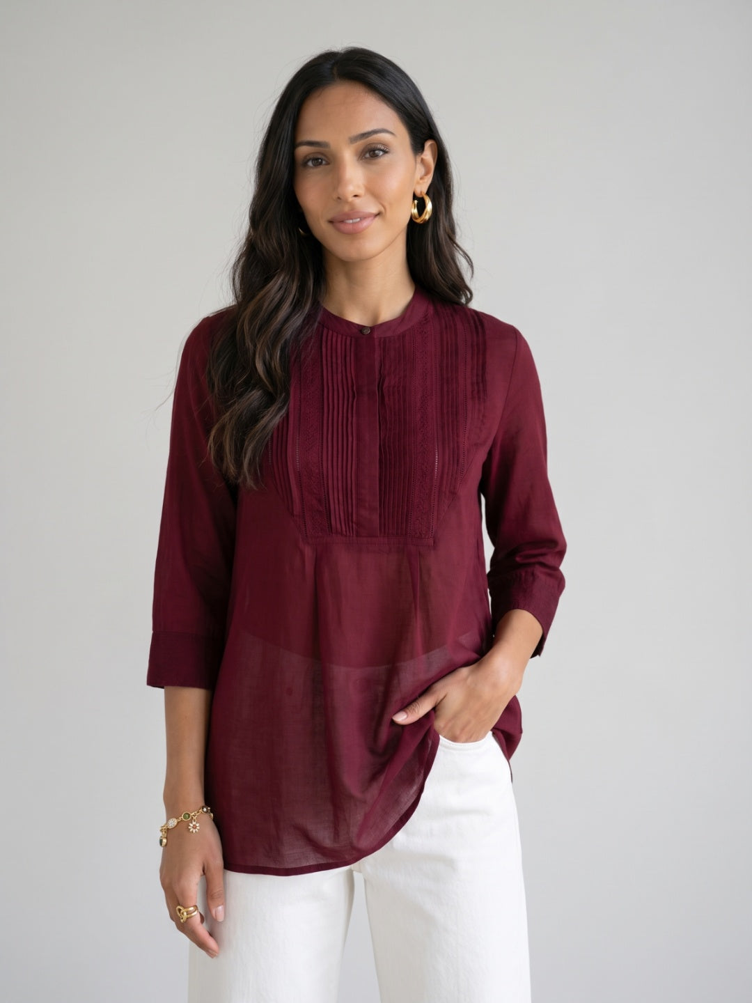 Pintuck Yoke Mandarin Collar Tunic
