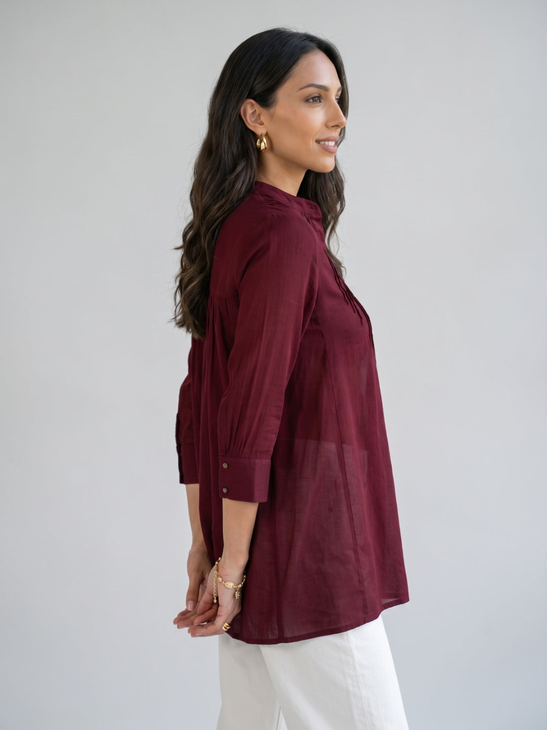 Pintuck Yoke Mandarin Collar Tunic