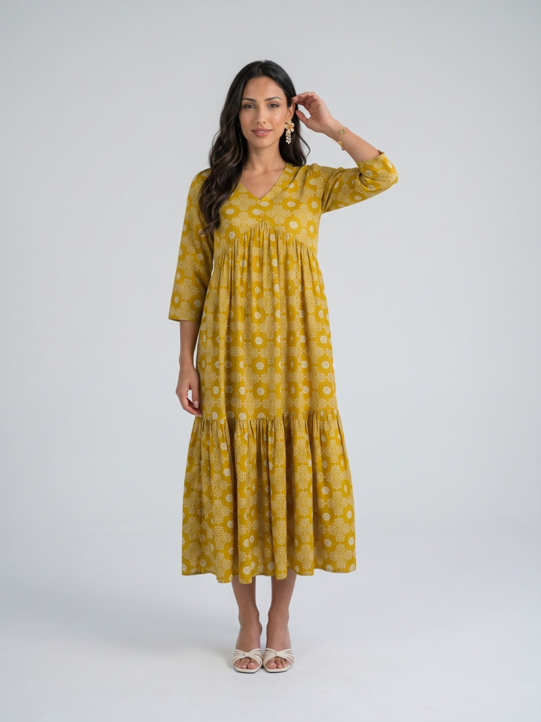 Gathered Yoke V-Neck Printed Dress