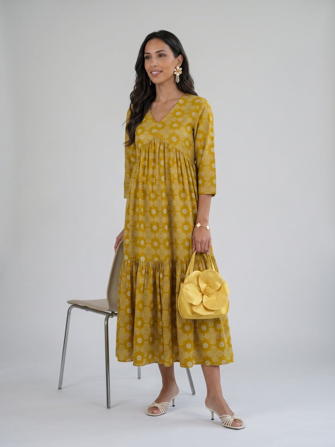Gathered Yoke V-Neck Printed Dress