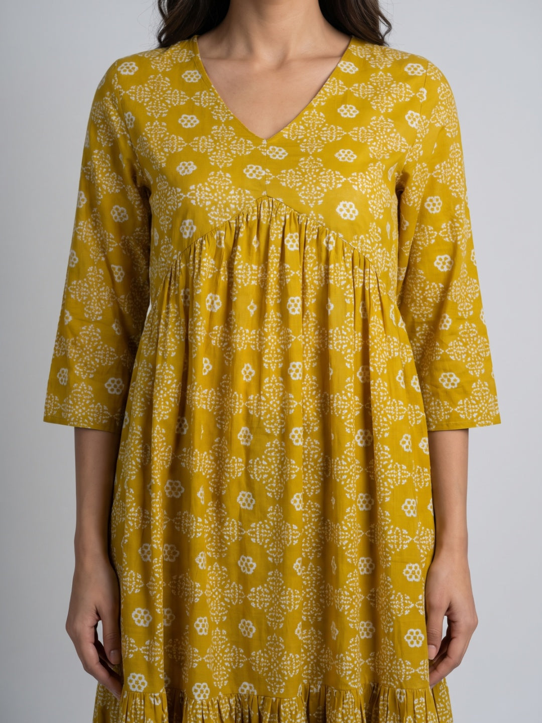 Gathered Yoke V-Neck Printed Dress