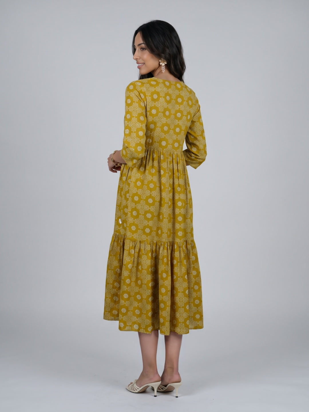 Gathered Yoke V-Neck Printed Dress