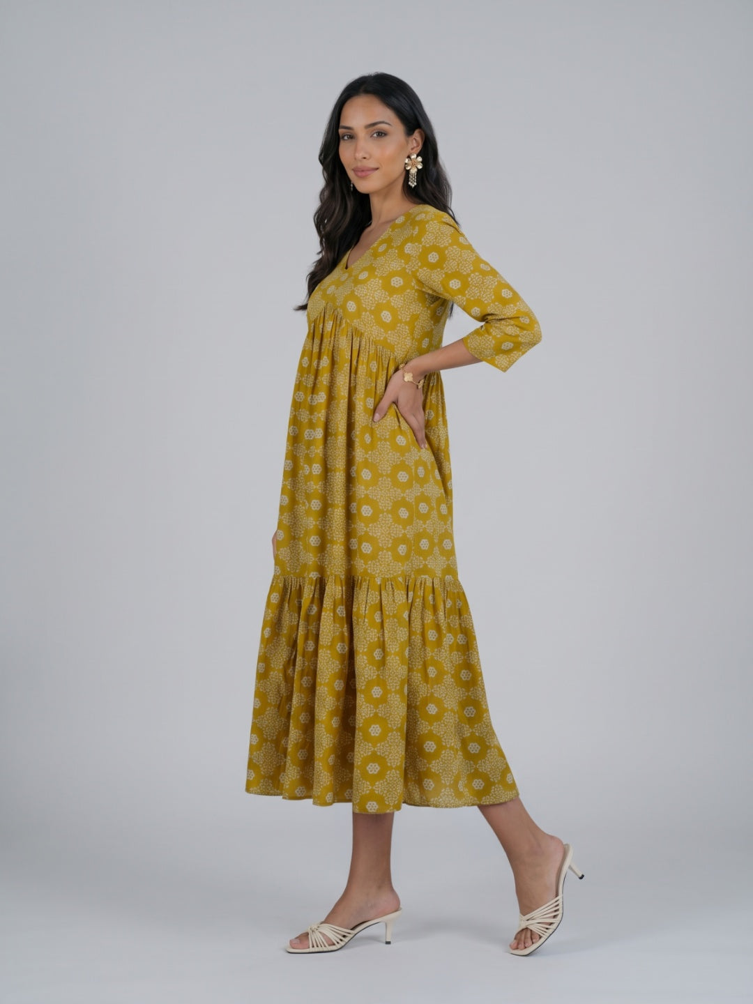 Gathered Yoke V-Neck Printed Dress