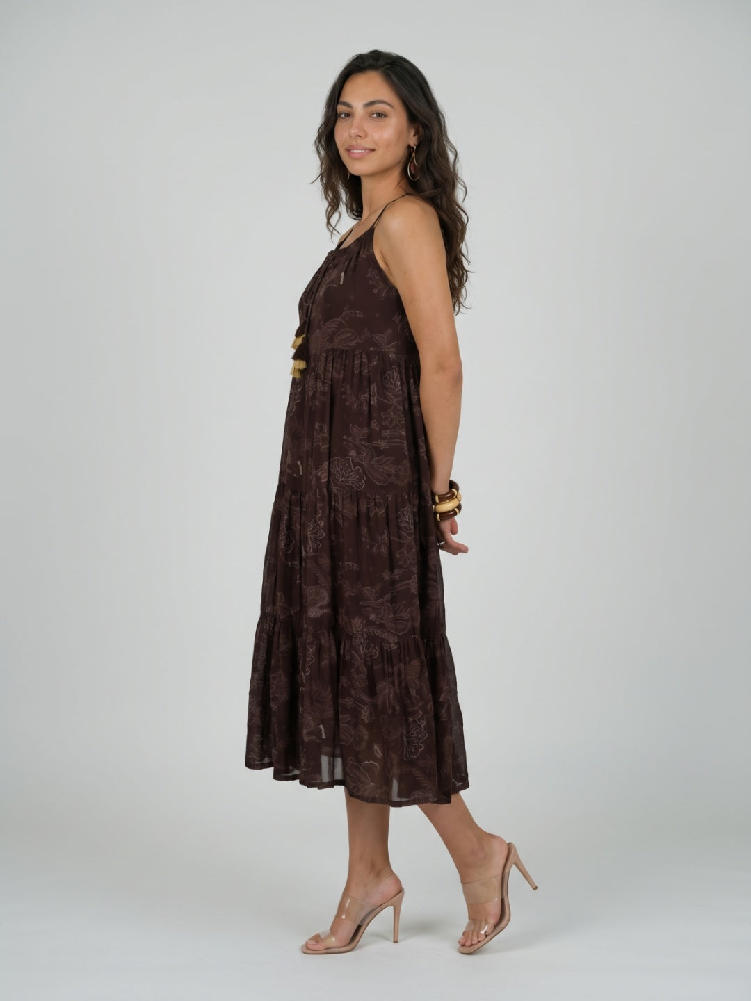 Tasseled Tie-Front Tiered Maxi Dress