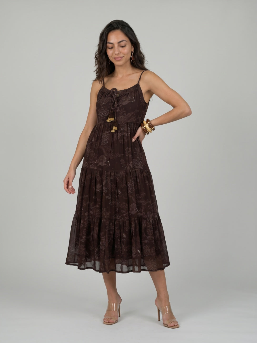 Tasseled Tie-Front Tiered Maxi Dress