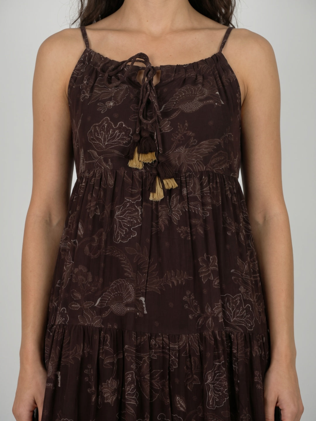 Tasseled Tie-Front Tiered Maxi Dress