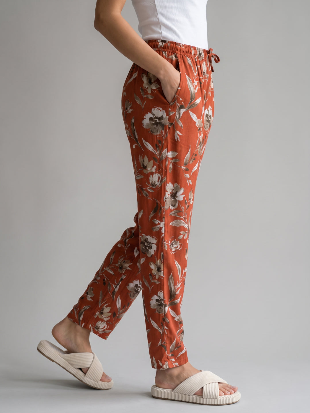 Brown Woven Viscose Printed Lounge Pants