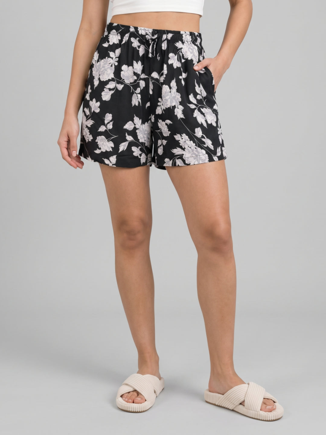 Black Woven Viscose Printed Lounge Shorts