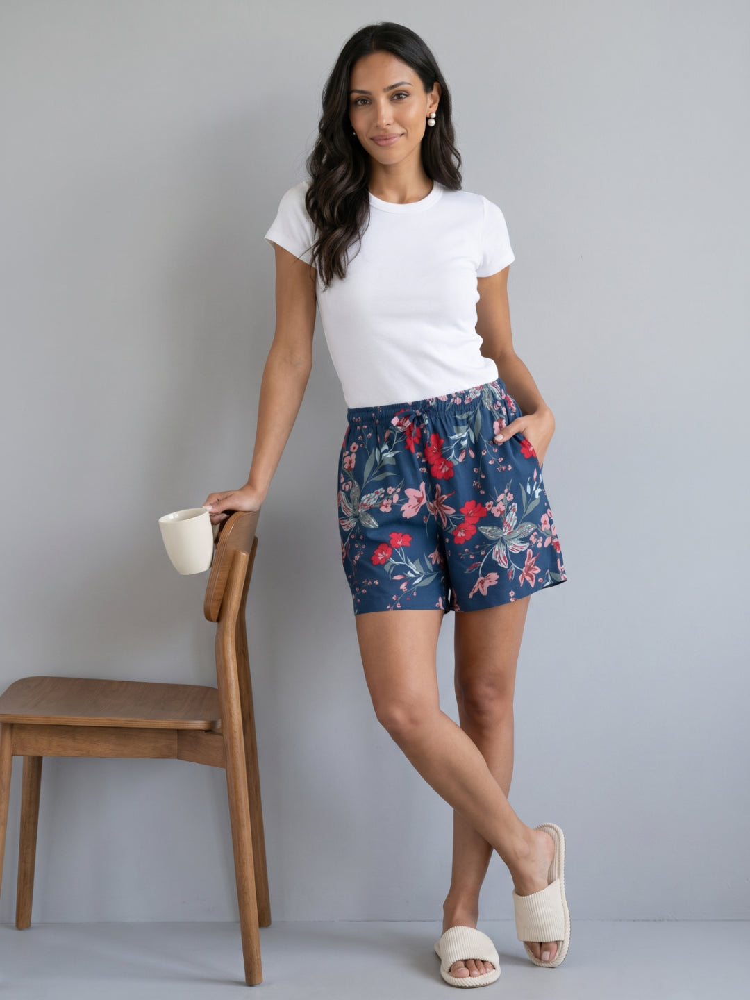 Navy Woven Viscose Printed Lounge Shorts