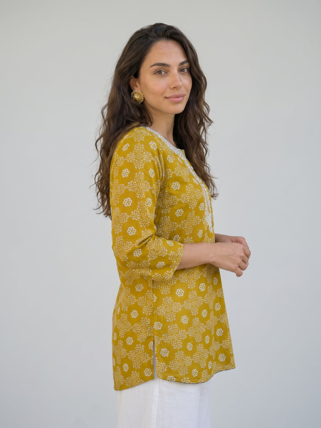 Embroidered Neck Printed Tunic Top