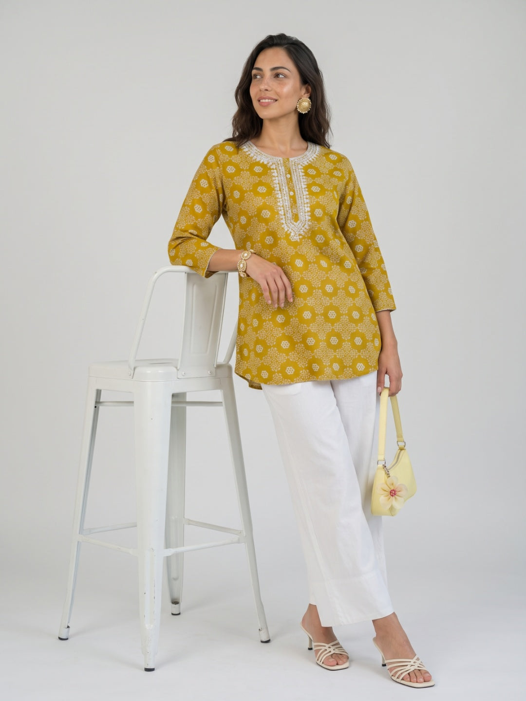 Embroidered Neck Printed Tunic Top
