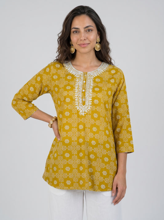 Embroidered Neck Printed Tunic Top