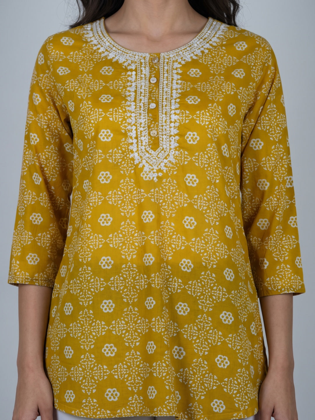 Embroidered Neck Printed Tunic Top