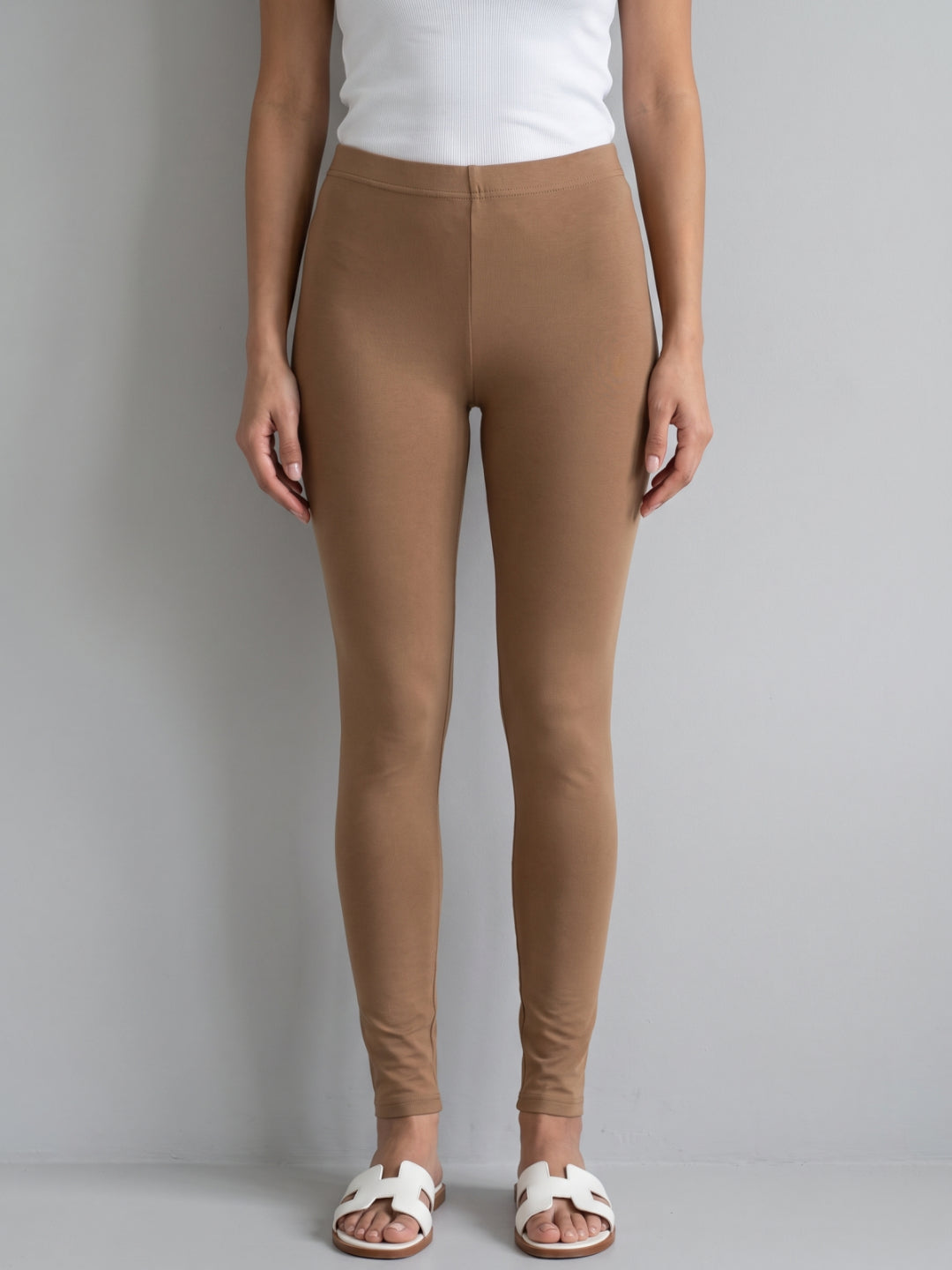 Light Brown Cotton Stretch Ankle Length Leggings
