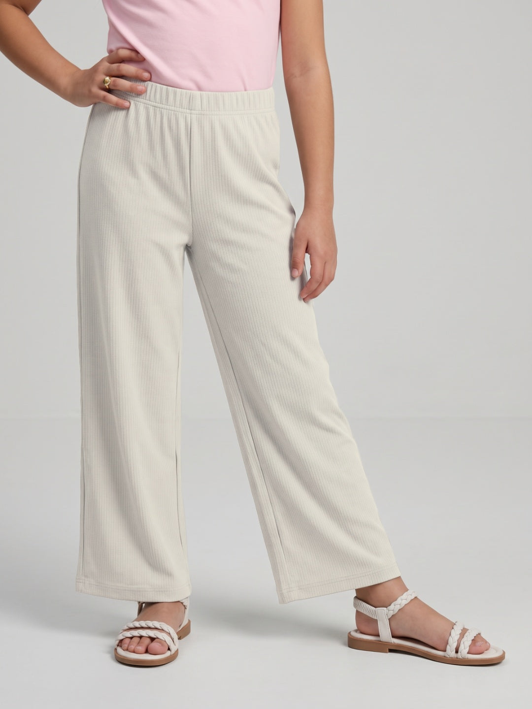 Cream Rayon Poly Stretch Rib Palazzo