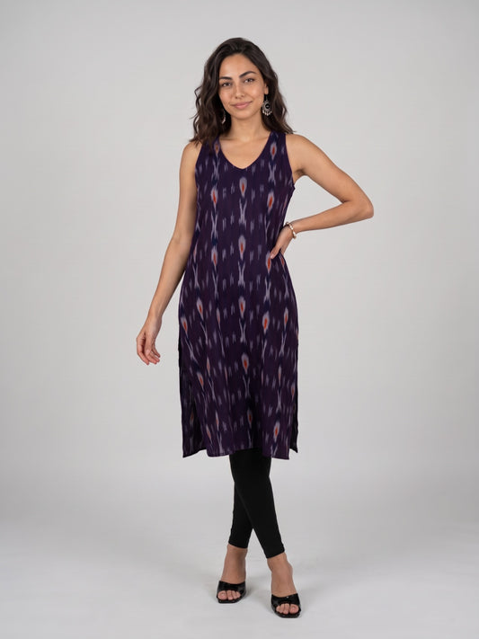 Ikat Print V-Neck Sleeveless Kurti